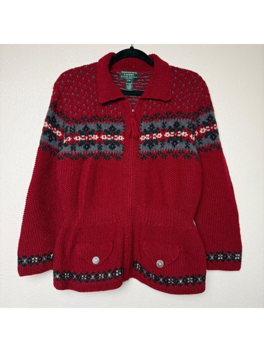 Lauren Ralph Lauren Y2K Hand Knit Wool Cardigan Red Fair Isle Zip Front Sz PM
